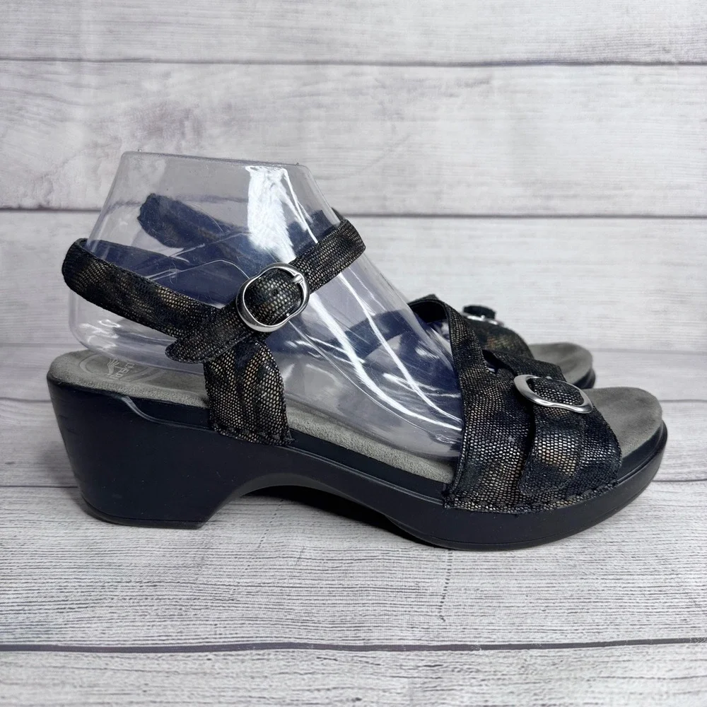 Dansko Womens 41 Black Bronze Metallic Leather Wedge Platform Sandals 9842450200